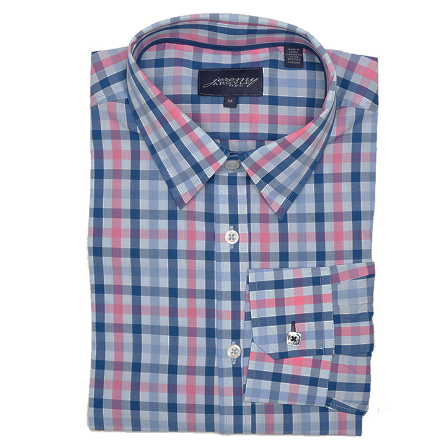 Men's Harbor Blue and Pink Plaid Shirt Comfort Cut | Jeremy Argyle Men's Harbor Blue and Pink Plaid Shirt Comfort Cut | Jeremy Argyle