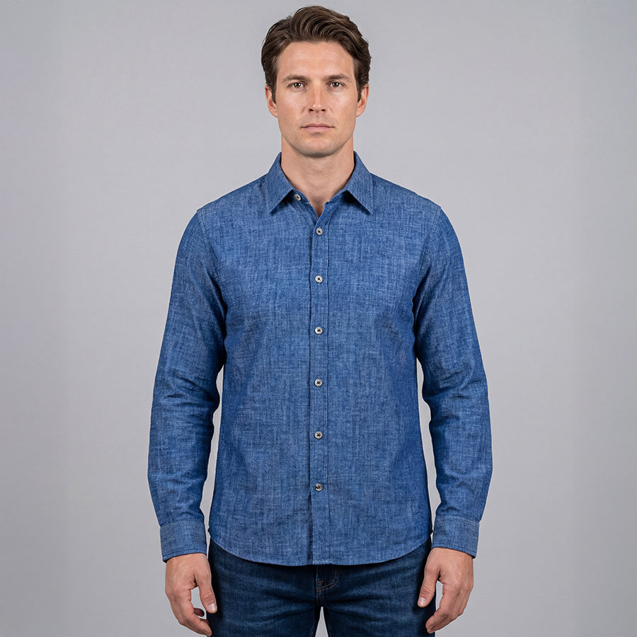 Chambray Effect 2-Way Stretch Shirt - Fitted Cut