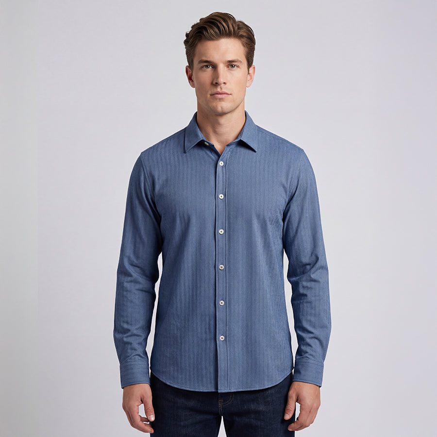 Navy Micro Herringbone 4-Way Stretch Shirt - Comfort Cut