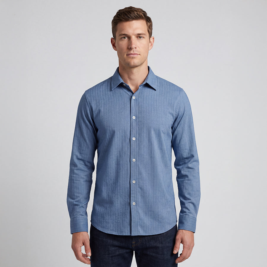 Navy Micro Herringbone 4-Way Stretch Shirt - Fitted Cut