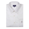 White dress shirt with collar and button details on a white background