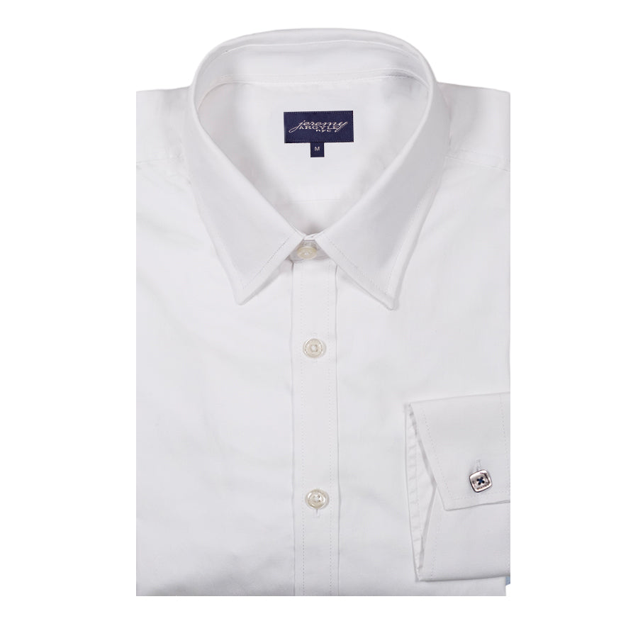 White dress shirt with collar and button details on a white background