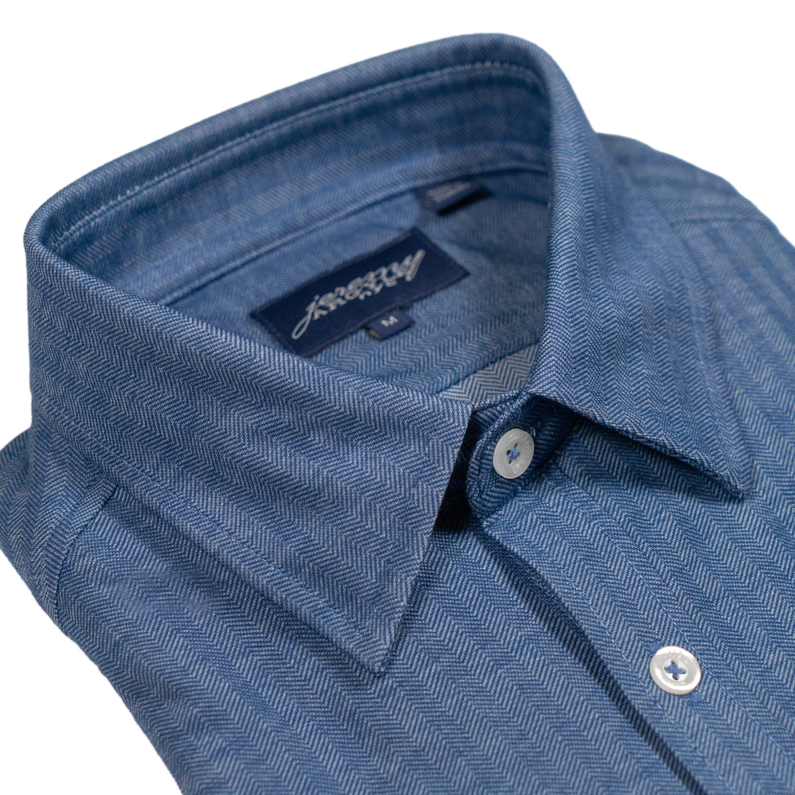 Men's Navy Micro Herringbone 4-Way Stretch Shirt – Comfort Cut