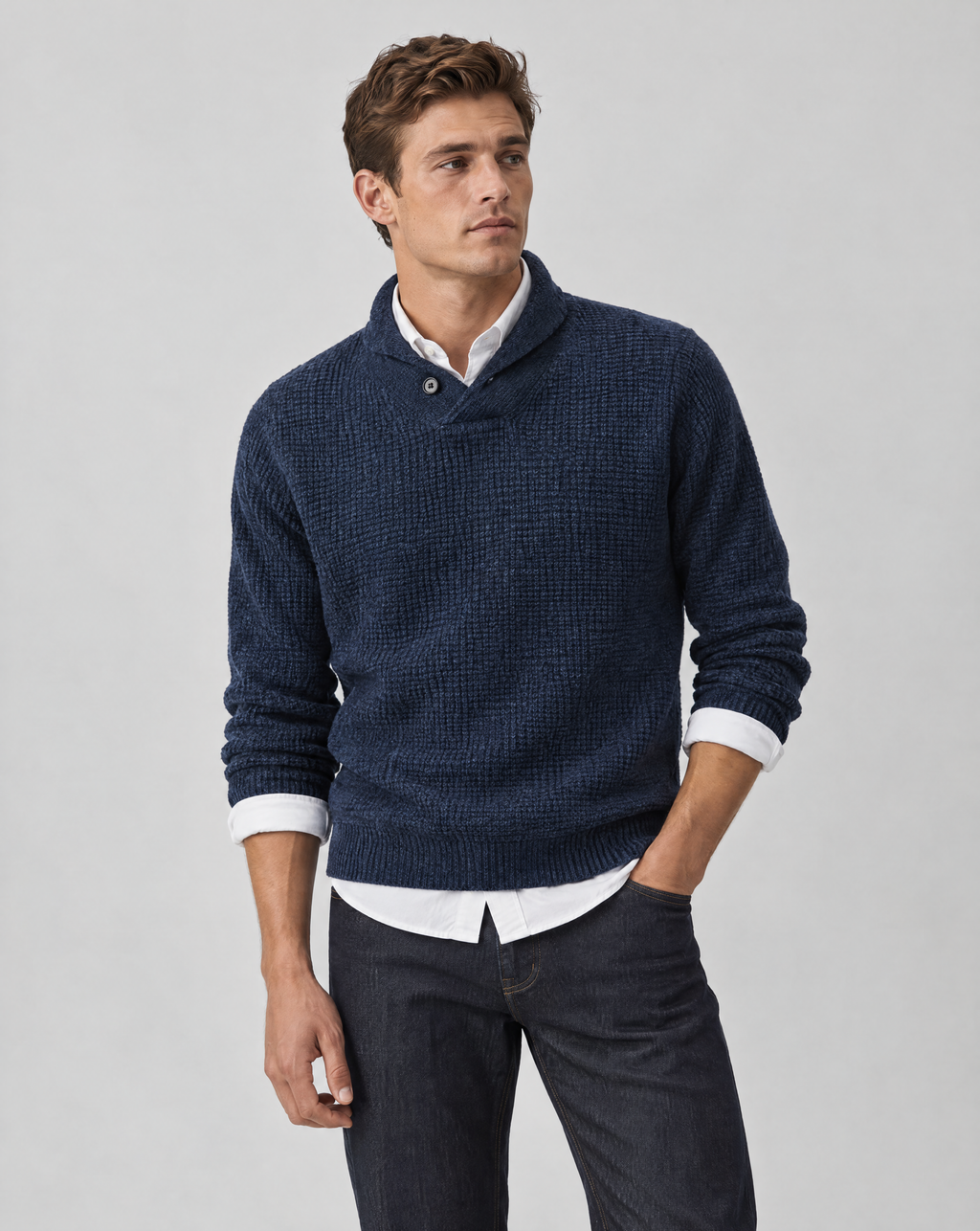 Navy Heather Waffle Stitch Mock Neck