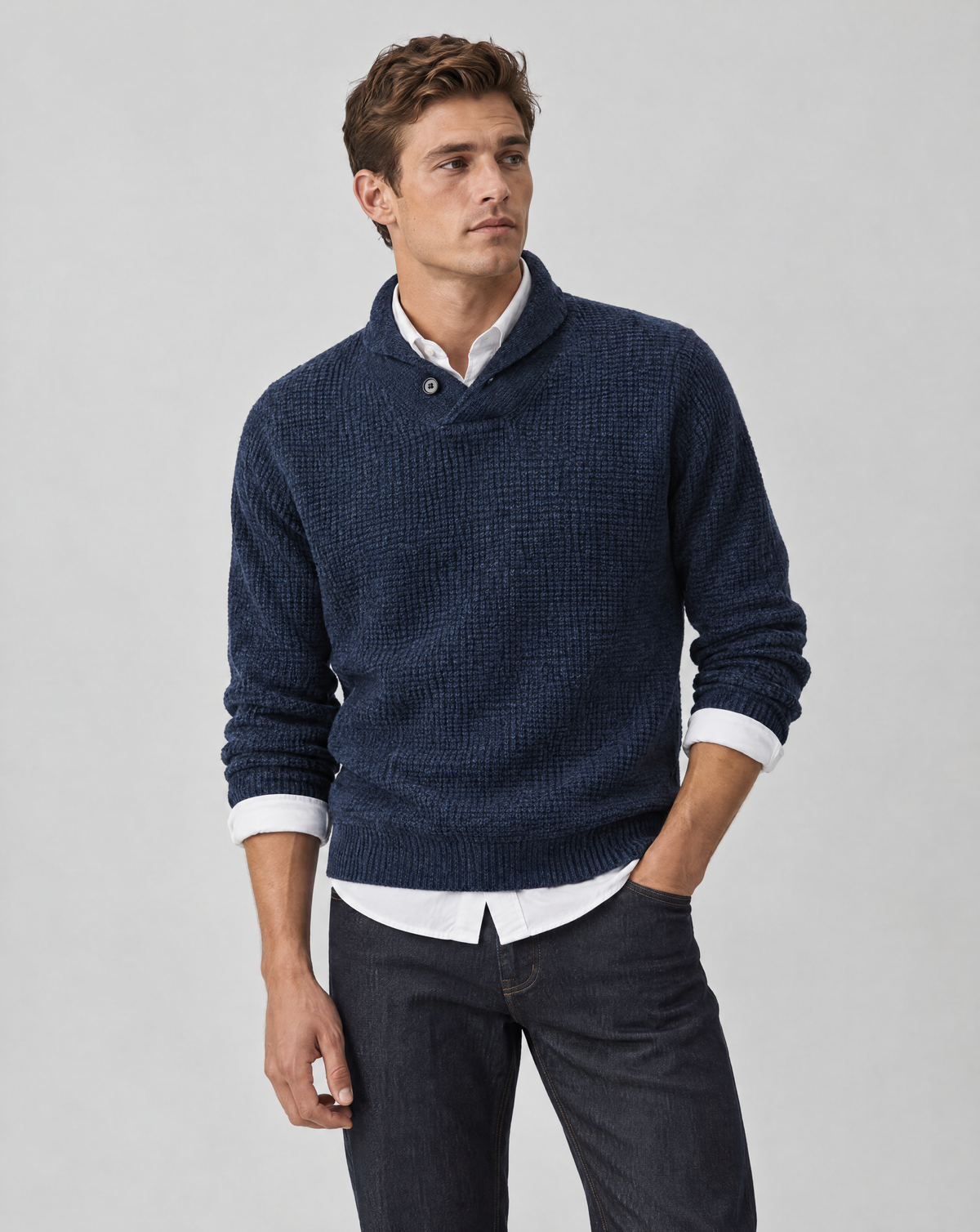 Navy Heather Waffle Stitch Mock Neck
