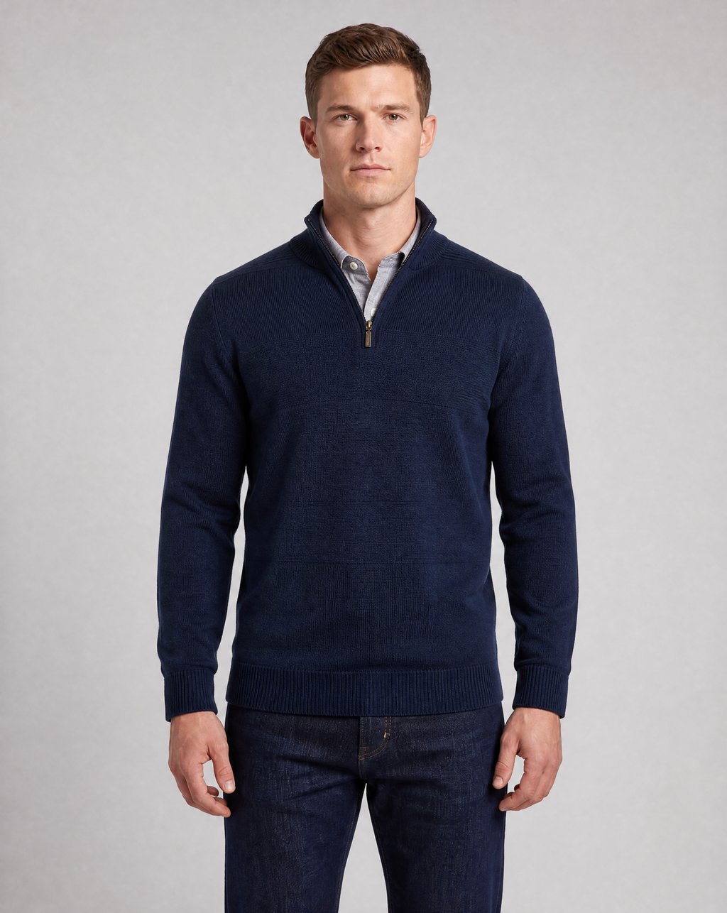 Navy Merino Half Zip with Textured Stripe