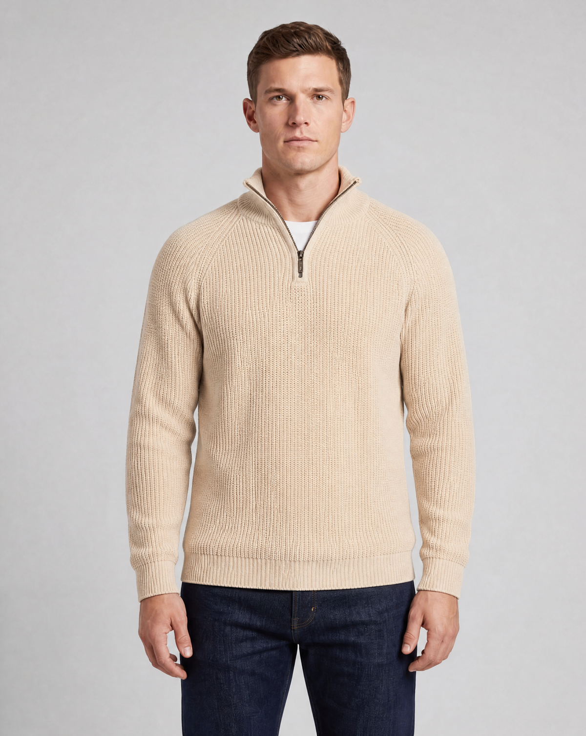 Oatmeal Ribbed Cotton Blend Half Zip