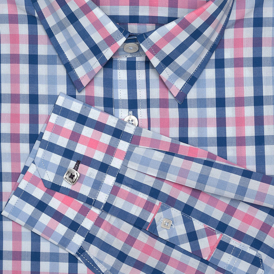 Men's Harbor Blue and Pink Plaid Shirt Comfort Cut | Jeremy Argyle Men's Harbor Blue and Pink Plaid Shirt Comfort Cut | Jeremy Argyle