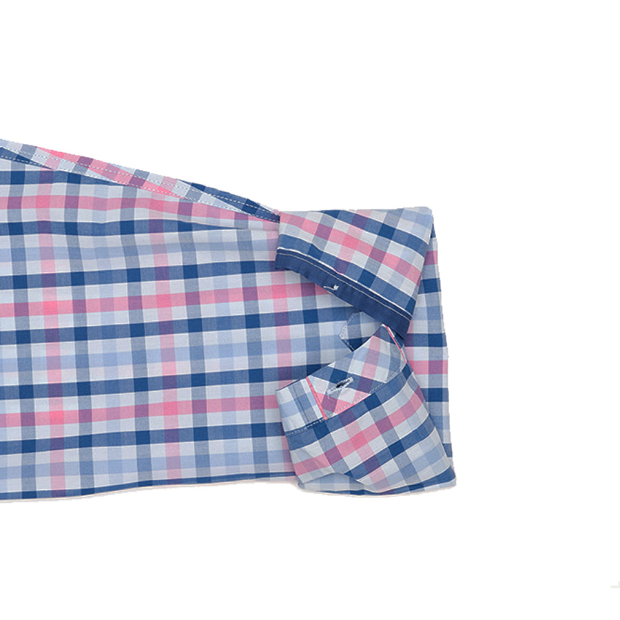 Men's Harbor Blue and Pink Plaid Shirt Comfort Cut | Jeremy Argyle Men's Harbor Blue and Pink Plaid Shirt Comfort Cut | Jeremy Argyle