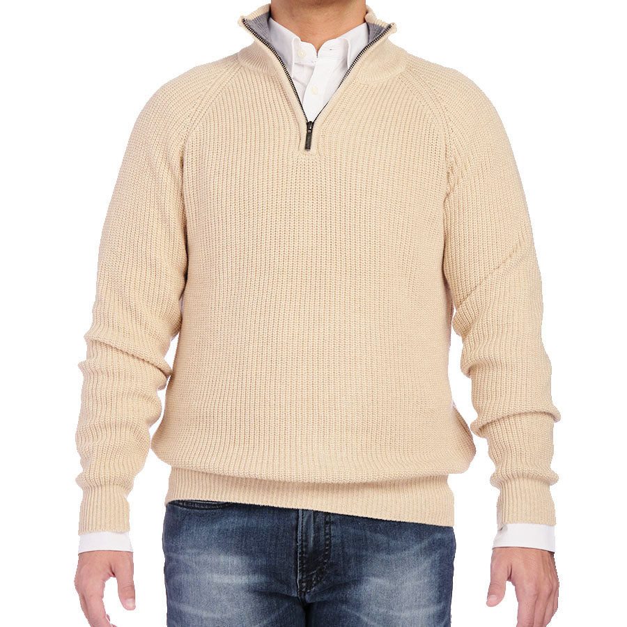 Oatmeal Ribbed Cotton Blend Half Zip